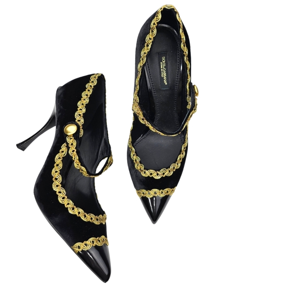❤️SPECIAL❤️DOLCE & GABBANA Black Velvet Gold Trimmed Mary Jane Pumps